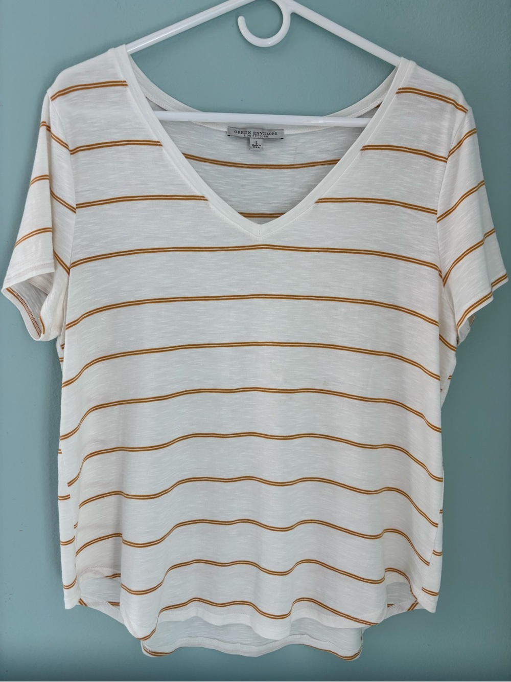 Green Envelope White V-Neck Tee with Mustard Stripes Large